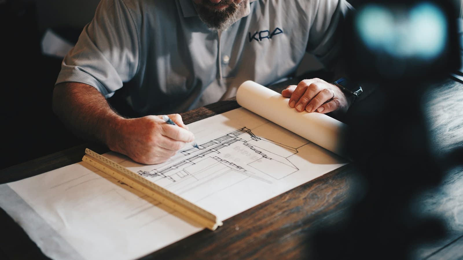 Contractor marking up architectural floor plans on a work table with a ruler and pen